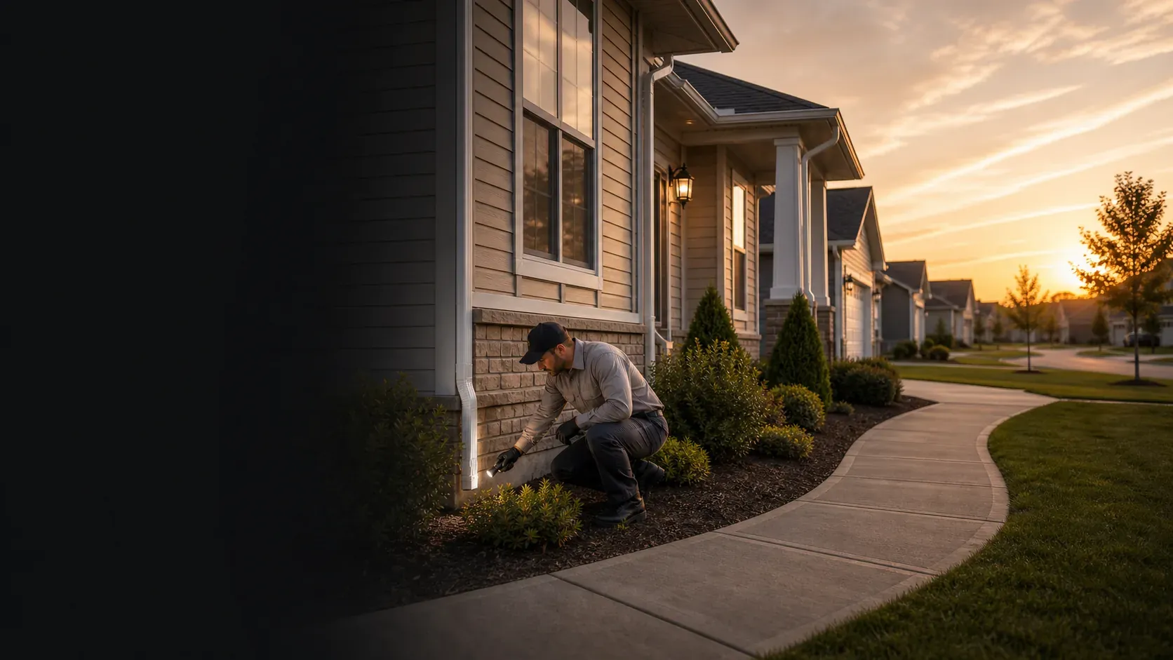 Pest control technician inspecting the exterior of a Joliet home